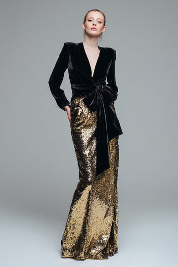 Robe longue formelle à paillettes fourreau noir et or scintillant avec noeud